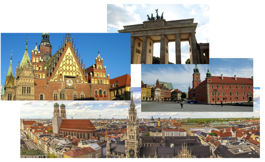 Deutsche und polnische Städte: München, Breslau, Berlin, Warschau
